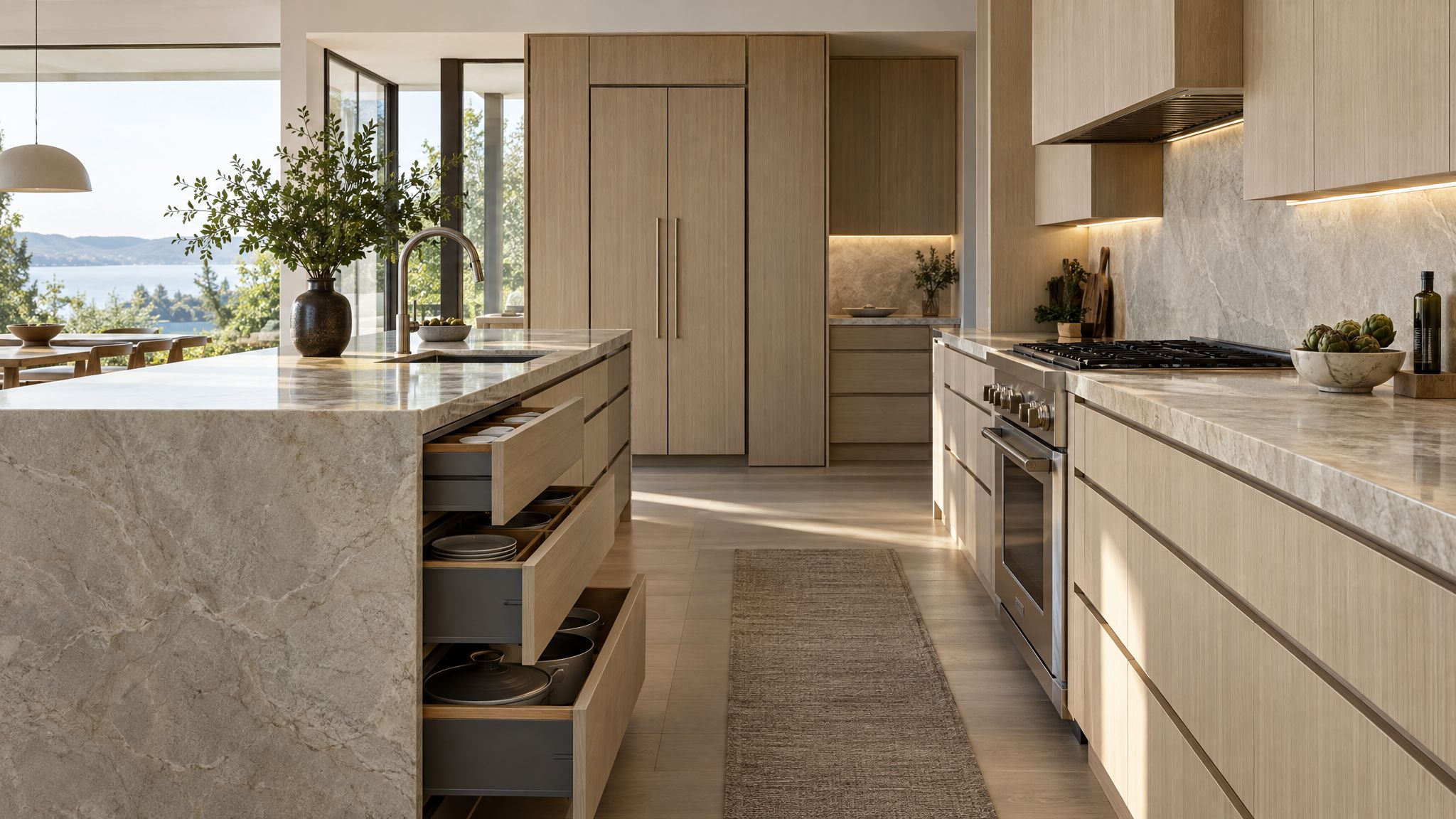 Modern rift white oak kitchen with quartzite counters, full-extension drawers, integrated refrigerator and under-cabinet lighting