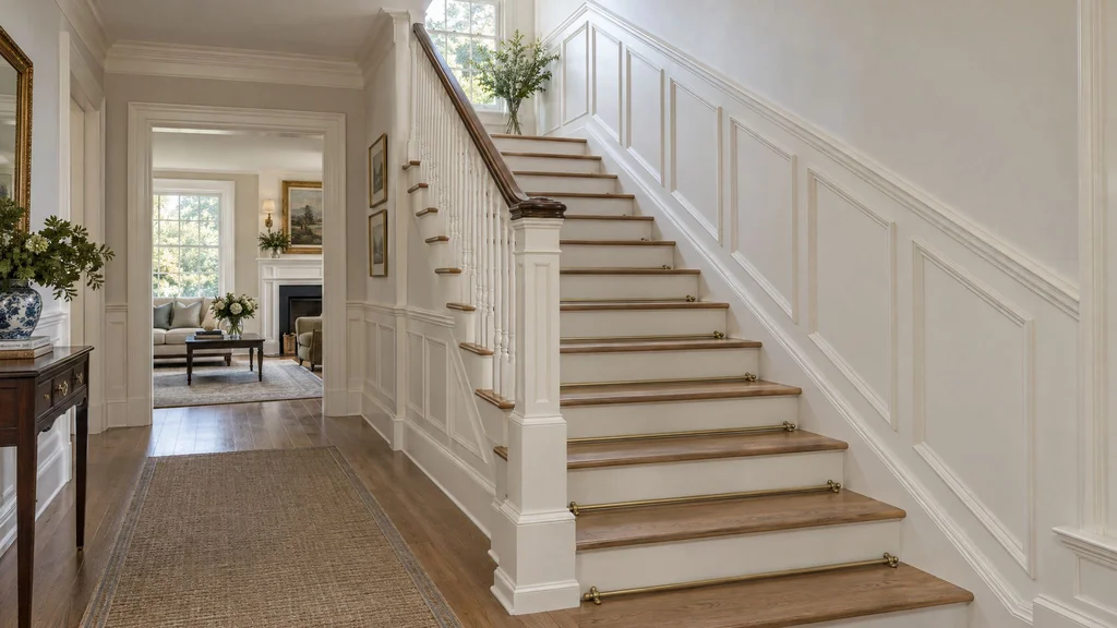 Stair hall with painted raised-panel wainscoting following the rake of the stair, white oak treads and tall baseboard