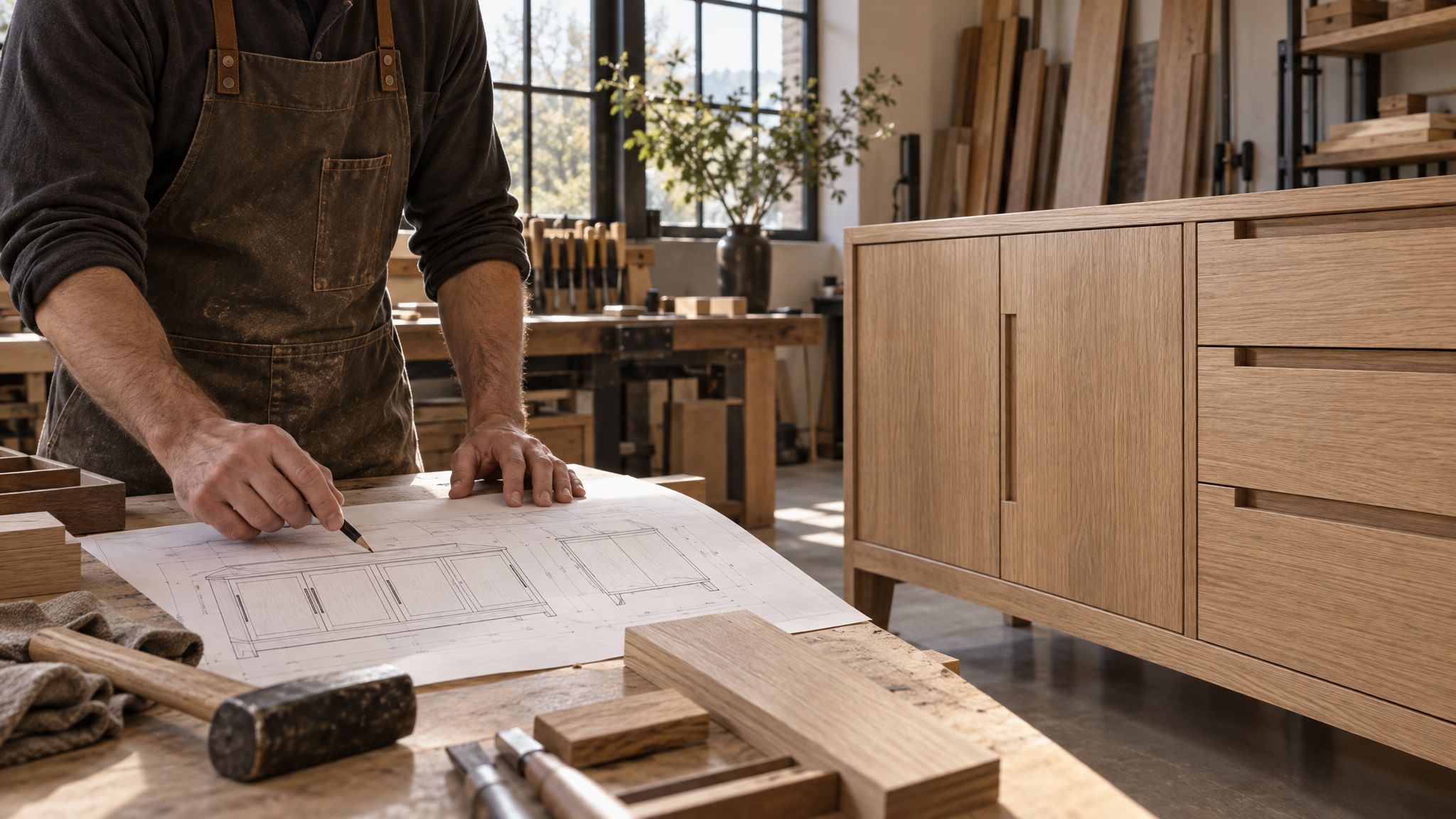 Cabinetmaker reviewing shop drawings beside a rift-sawn white oak cabinet in a custom millwork studio
