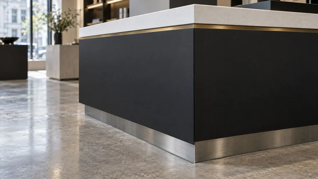 Detail of a cash wrap corner with mitered matte laminate, solid-surface top, brass reveal and stainless toe kick