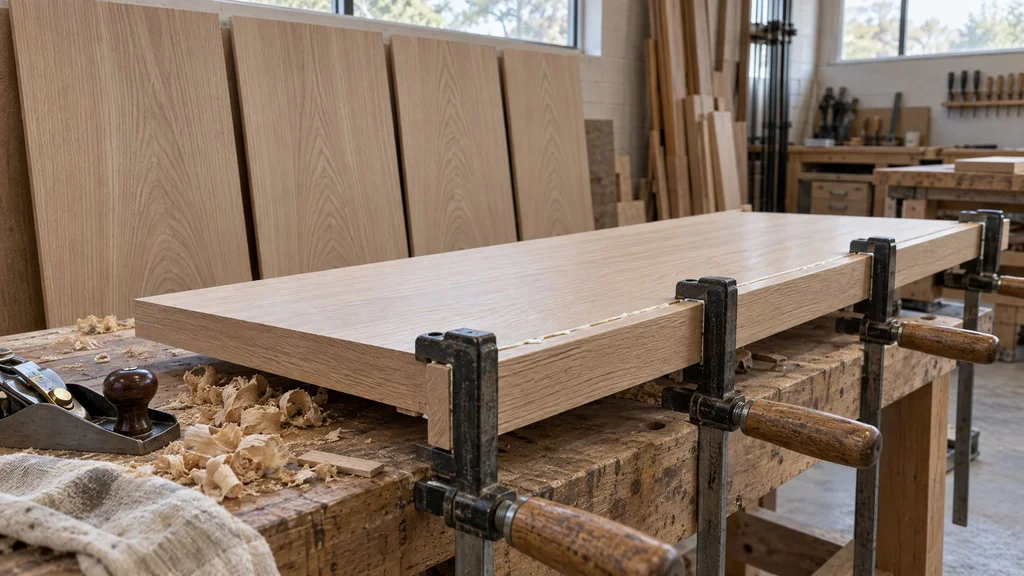 Rift-sawn white oak shelf clamped on a workbench while a solid oak nosing is glued to its front edge in a millwork shop