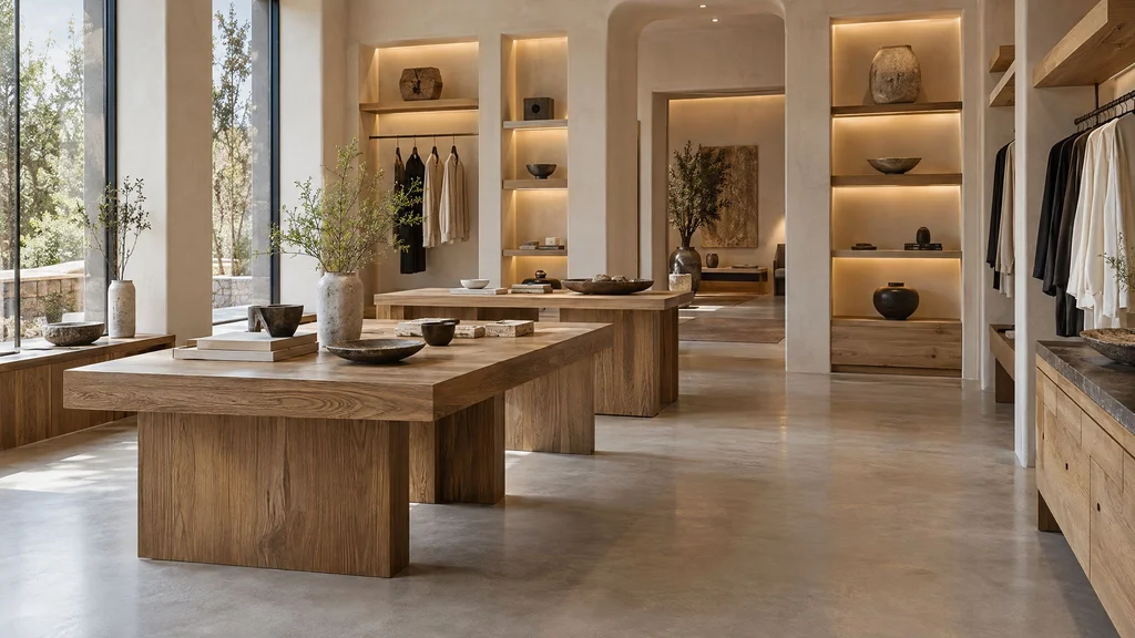 A boutique with custom wood display tables and lit wall niches