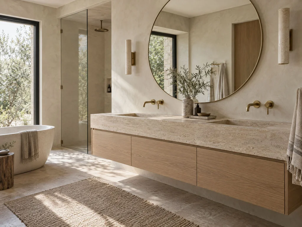 Floating white oak double vanity with a travertine top and brass faucets