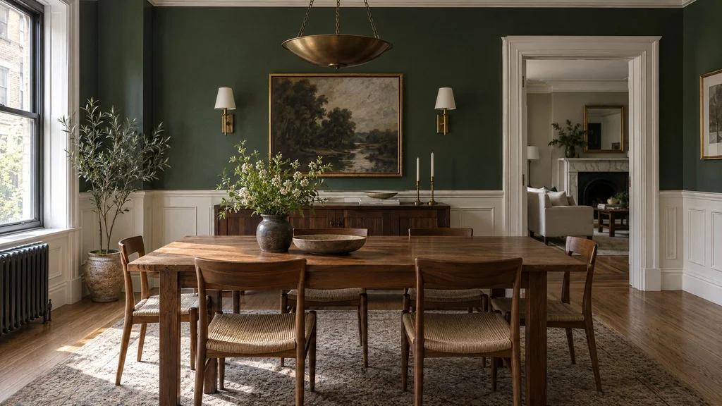 Pre-war dining room with painted flat-panel wainscoting under a deep green wall, tall door casing with backband and rift-sawn oak floor