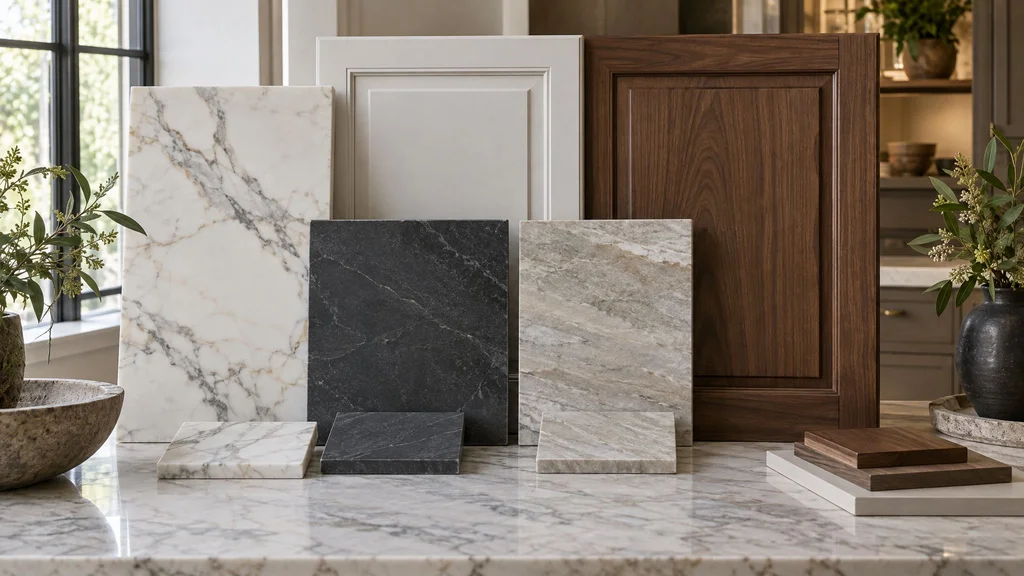 Countertop and cabinet samples laid out together: Calacatta marble, soapstone and quartzite pieces with painted and walnut door samples