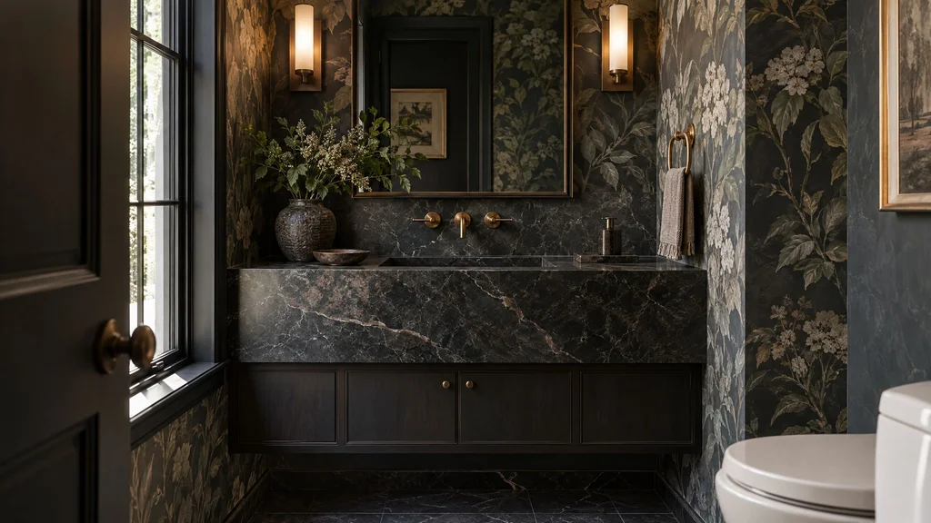 A dramatic powder room with a dark stone vanity and botanical wallpaper