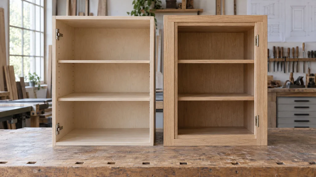 Two cabinet boxes side by side on a shop table, a frameless European box and a traditional face-frame box, doors removed to show construction