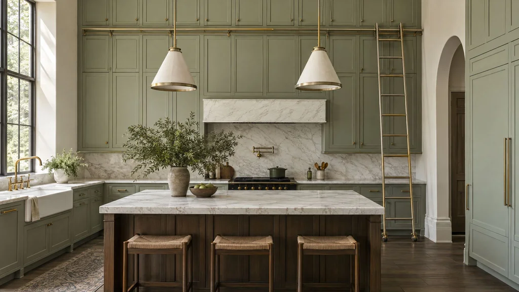 A kitchen with ceiling-height pale sage upper cabinets reaching a tall ceiling and a brass rolling ladder