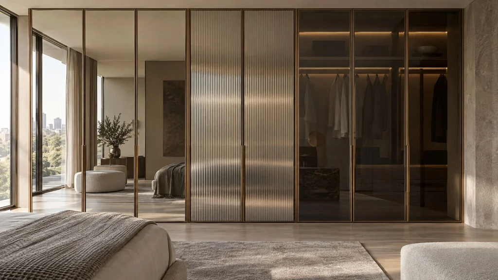 Wardrobe doors with mirrored, fluted and smoked glass panels side by side in slim bronze frames