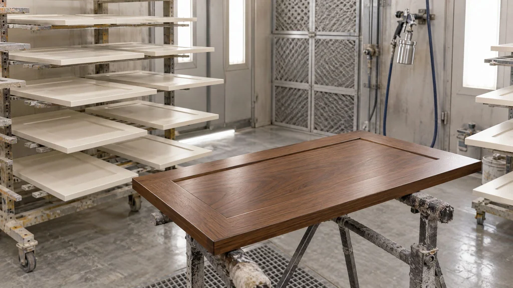 Painted cabinet doors on drying racks and a freshly sprayed walnut slab door inside a millwork shop spray booth