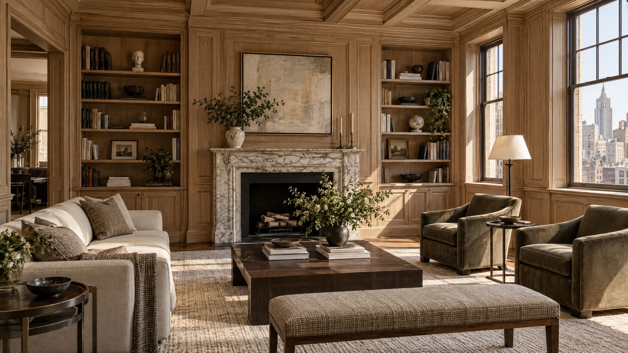 Refined pre-war room with floor-to-ceiling white oak paneling, a coffered ceiling, and integrated built-in bookcases