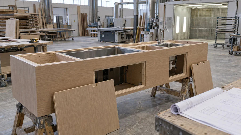 Plywood restaurant bar die section in a millwork shop with equipment cutouts and removable access panels