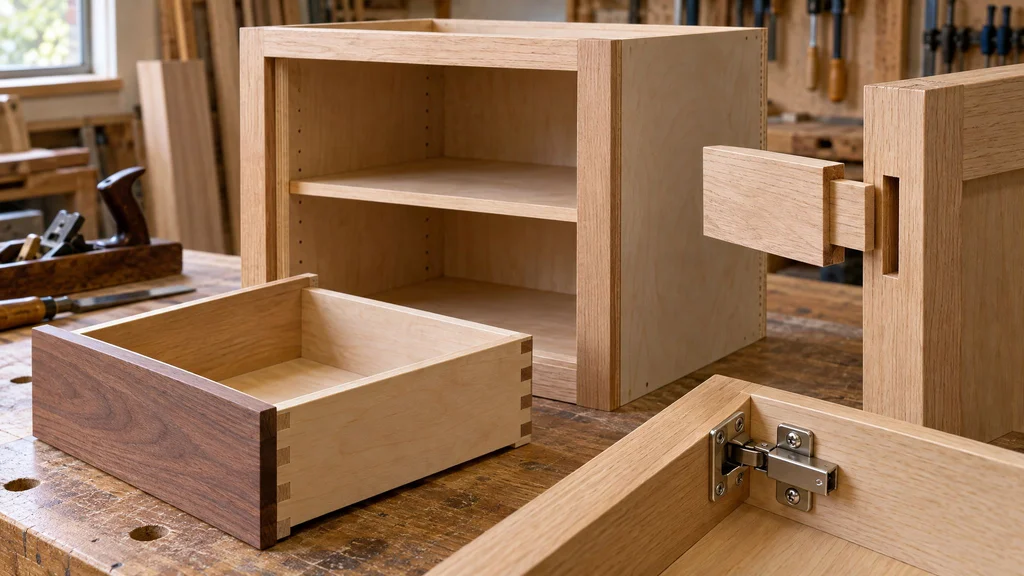 Custom cabinet construction on a workbench showing a plywood box with face frame, mortise-and-tenon joint, dovetailed drawer, and European hinge