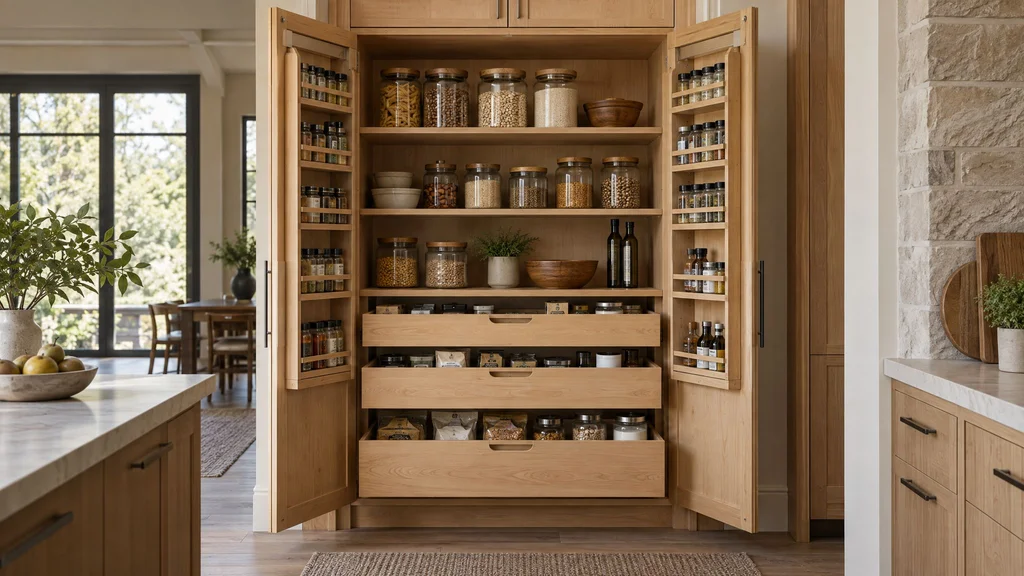 A tall maple pantry cabinet with doors open revealing pull-out drawers, spice racks and adjustable shelves of food jars