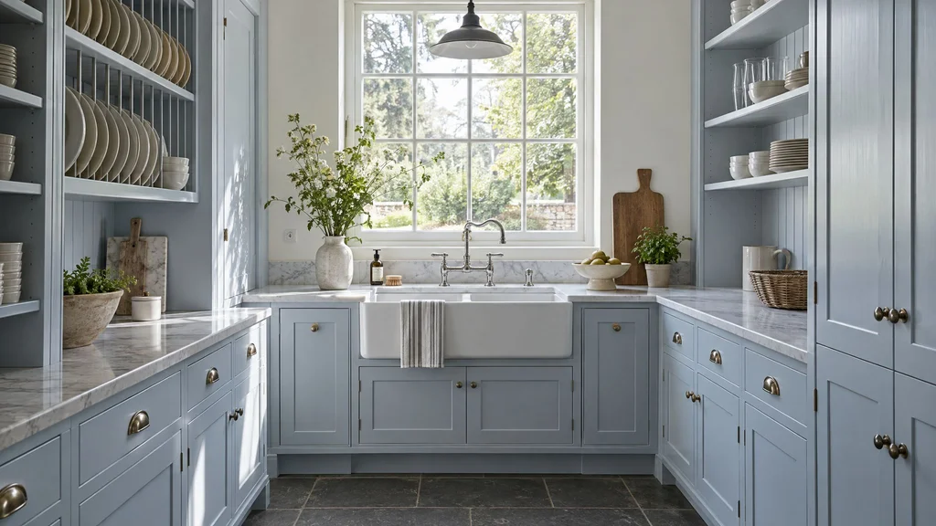 A scullery with a deep double sink, open plate racks and simple pale blue painted cabinets