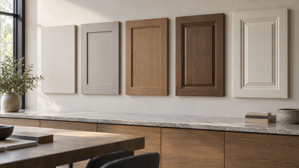 A row of cabinet door samples showing profiles from flat slab to shaker to raised panel, displayed on a wall