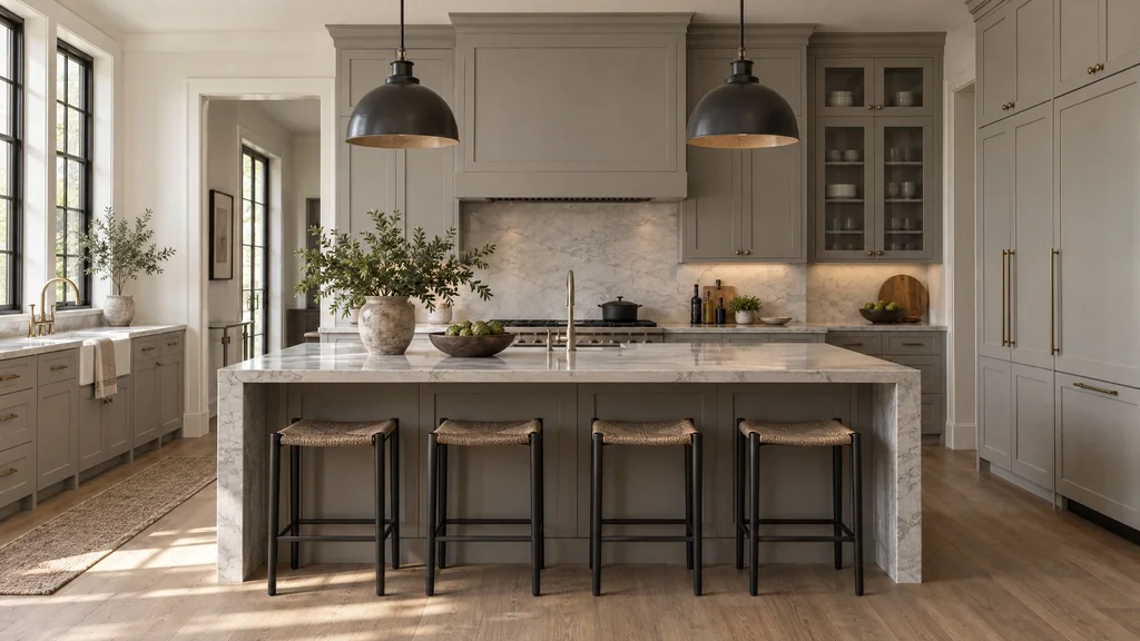 A transitional kitchen with warm gray shaker cabinets, a modern stone island and black steel pendant lights