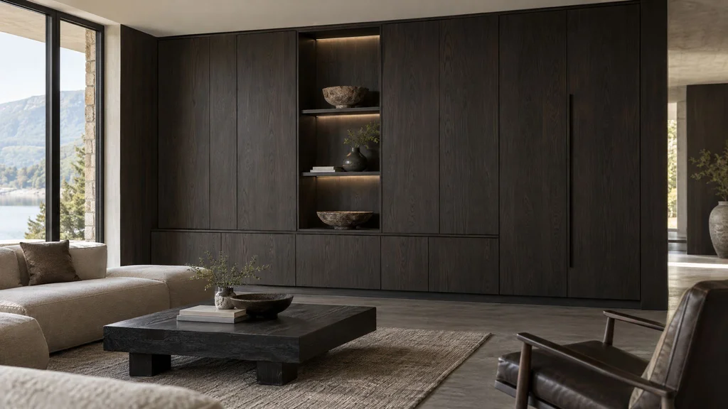 A wall of cabinetry in dark bog oak veneer in a contemporary living room