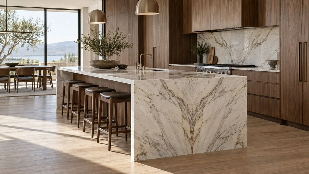 A kitchen island with a book-matched marble waterfall edge cascading to the floor and walnut cabinetry on the work side