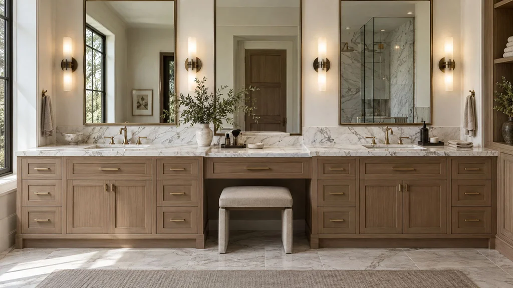 A long primary bathroom vanity with two sinks, a makeup station and a marble top