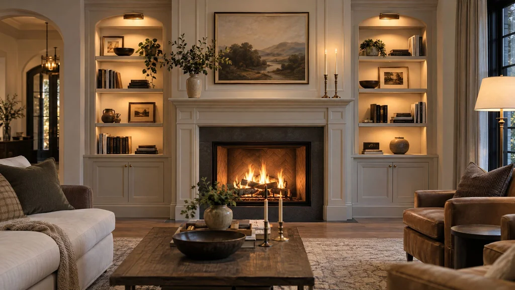 Living room with a custom painted paneled fireplace surround and wood mantel flanked by built-in shelves