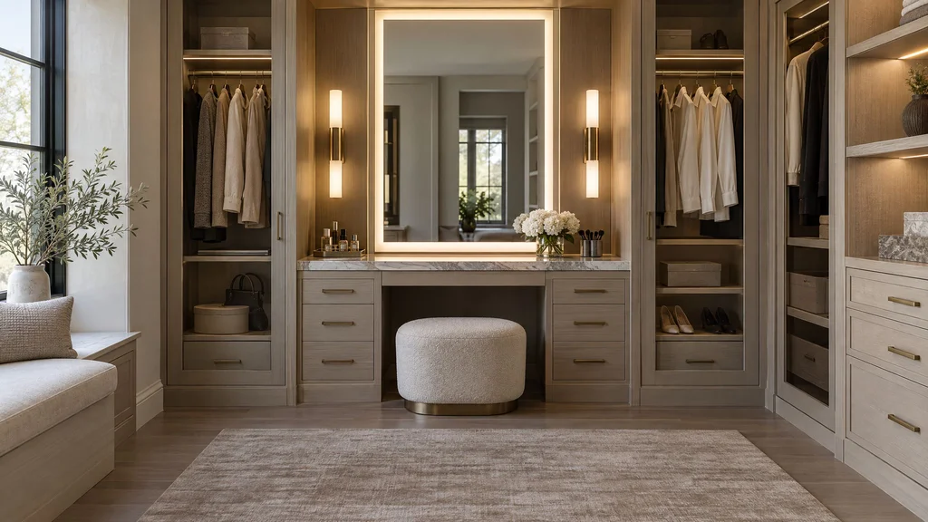 A makeup vanity nook built into a closet wall with a lit mirror, drawers and an upholstered stool