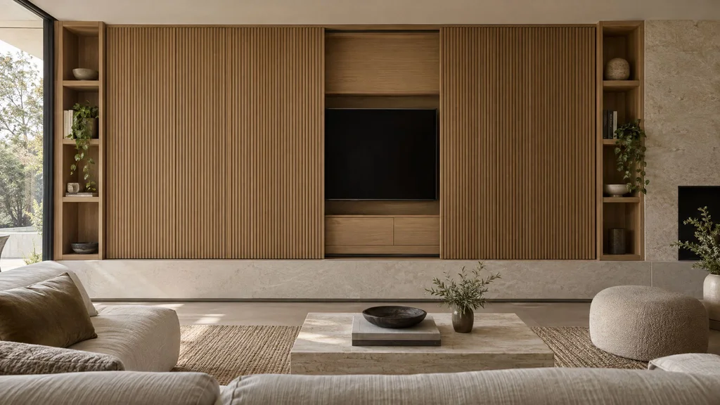 A living room media wall with the TV hidden behind sliding fluted oak panels
