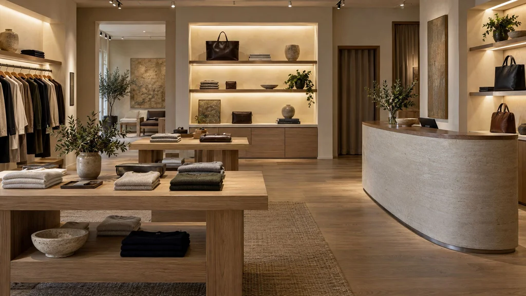 Boutique retail interior with custom oak display tables, backlit wall shelving niches and curved cash wrap counter