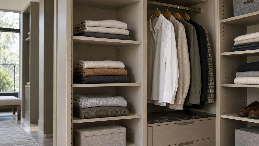 Adjustable closet shelves at different heights holding neatly folded clothes, shelf pin holes visible