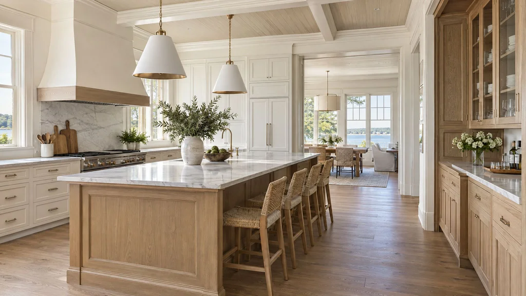 Elegant Fairfield County shingle-style kitchen with white oak and cream painted cabinetry and a glass-front butler's pantry