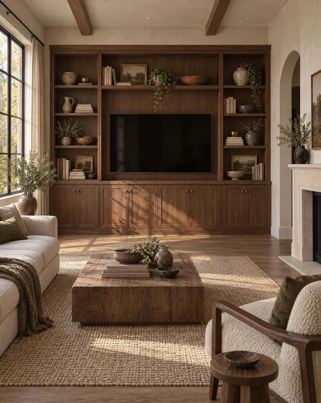 Built-in walnut media wall with a TV niche, display shelves and cabinets