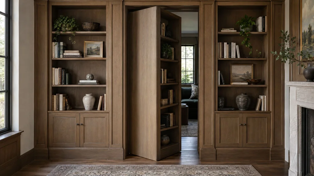 A bookcase that is a hidden door, swung partly open to reveal a room behind it