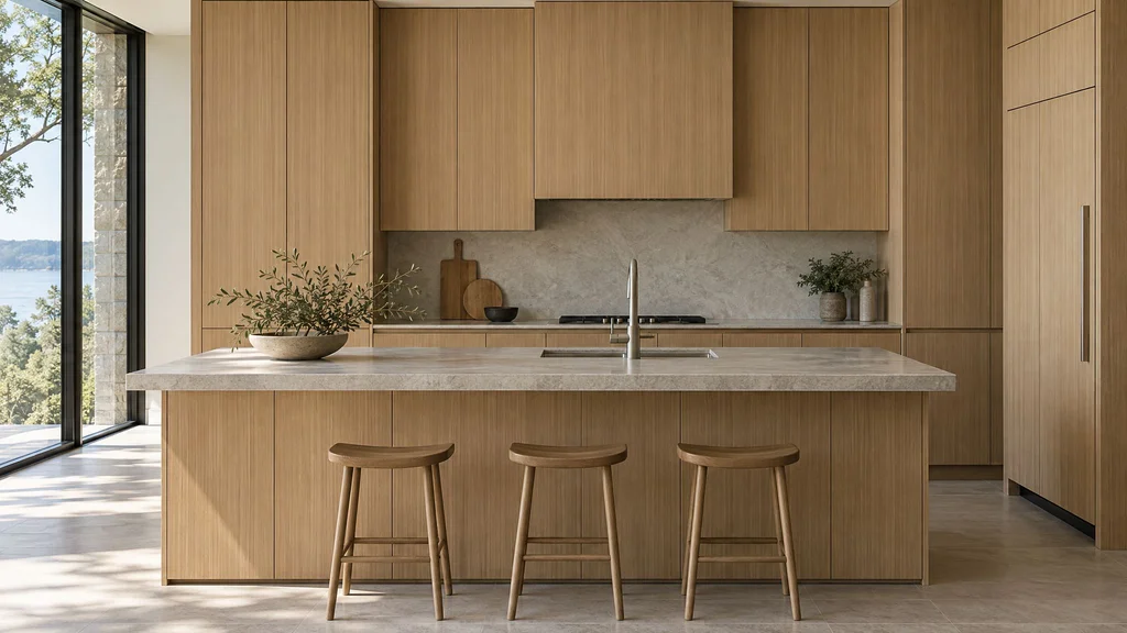 Rift-sawn white oak cabinetry with straight vertical grain in a minimal kitchen
