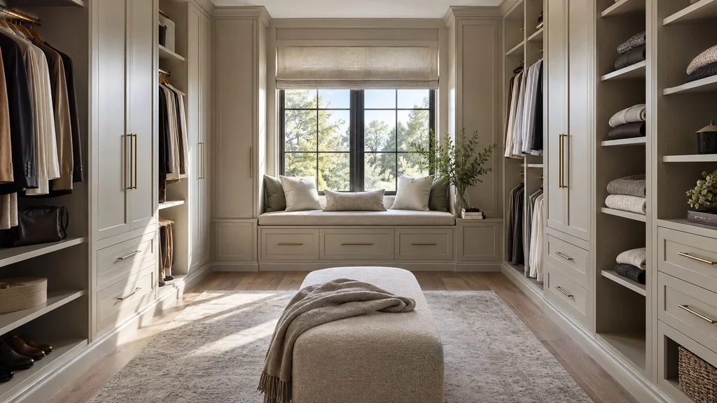A former spare bedroom converted into a walk-in closet with wardrobes along the walls and a window seat