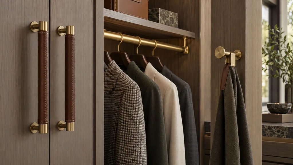 Close-up of luxury closet hardware: leather-wrapped pulls, a brass hanging rod and a valet hook