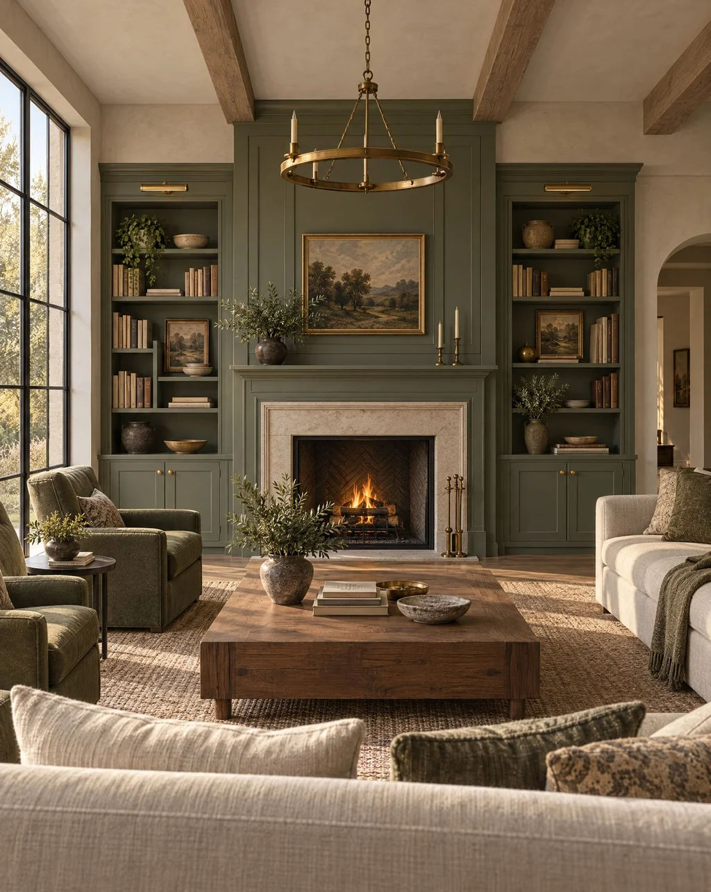 Fireplace surround with a paneled overmantel flanked by built-in bookcases