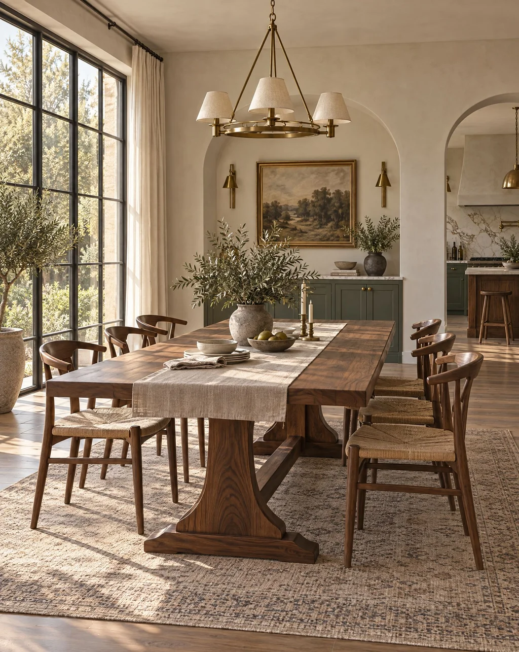 Solid walnut trestle dining table with chairs in a bright dining room