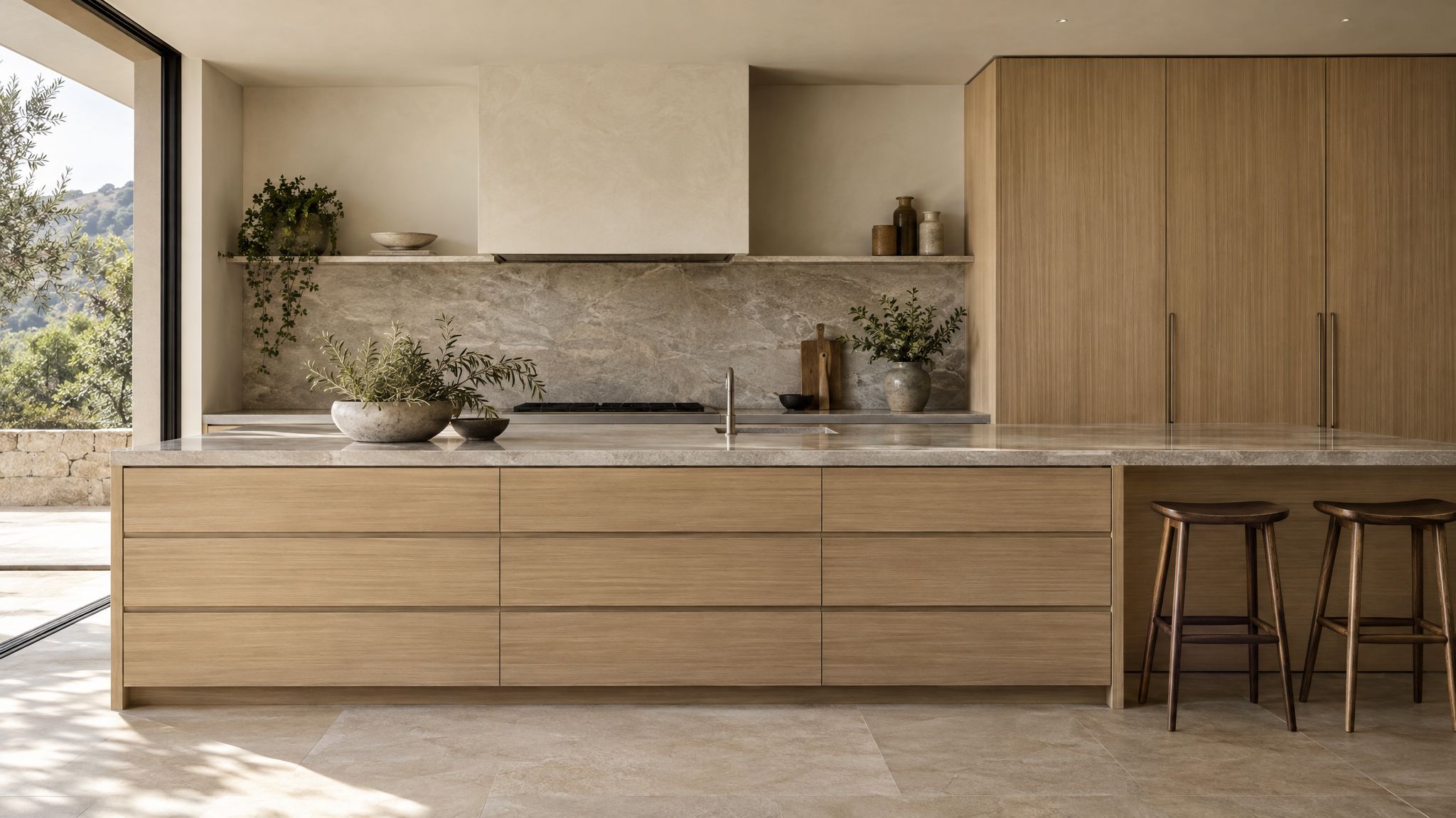 Minimalist rift white oak kitchen with horizontal grain across drawers and vertical grain on tall pantry doors