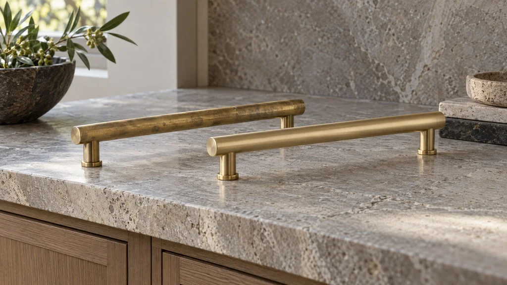 Unlacquered brass and satin brass cabinet pulls laid side by side on a stone surface