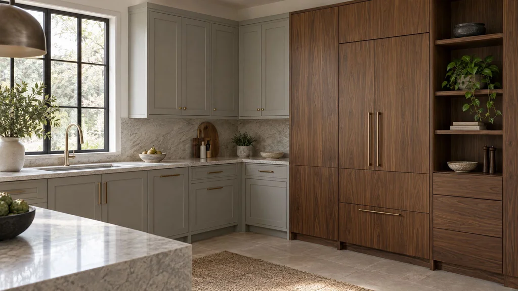 A kitchen corner where soft gray painted shaker cabinets on one wall meet flat slab walnut cabinets on the other