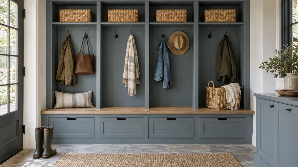 A mudroom with blue-gray painted lockers, a bench, hooks and woven baskets