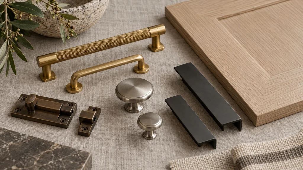 Assortment of unlacquered brass pulls, brushed nickel knobs, matte black edge pulls, and bronze latches with a white oak door sample