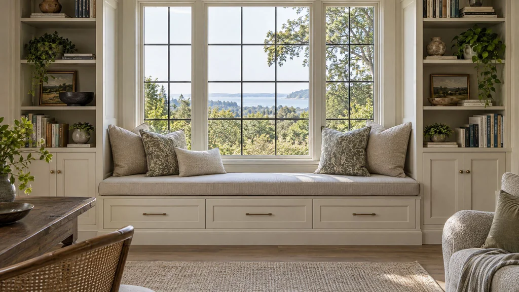 A built-in window seat with storage drawers, cushions and bookshelves on both sides