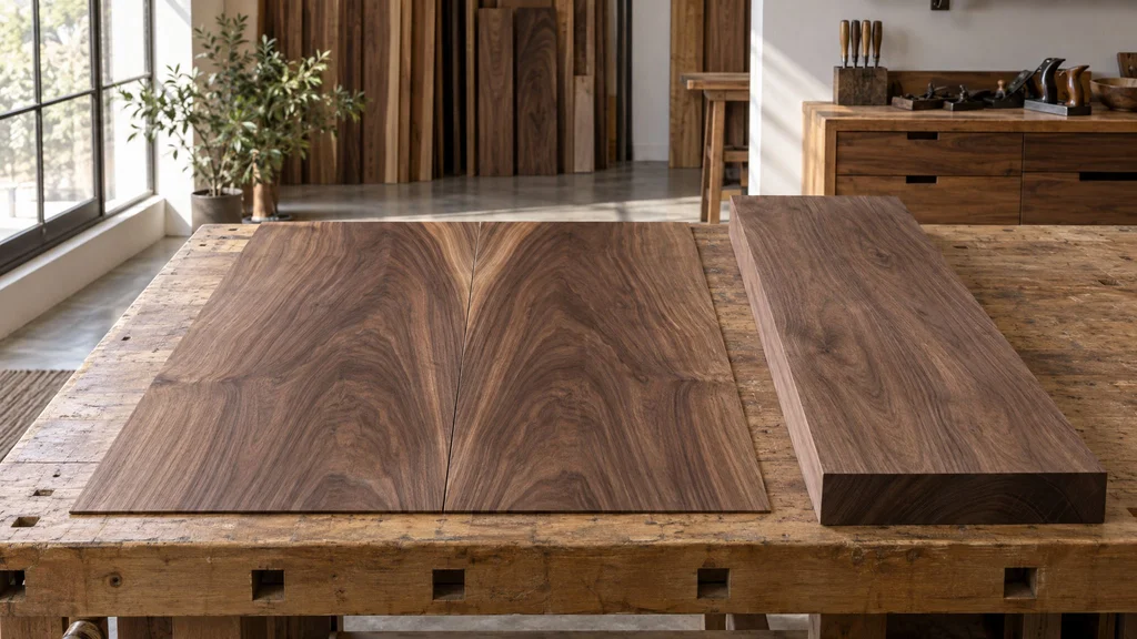 A sheet of book-matched walnut veneer next to a solid walnut board on a workbench