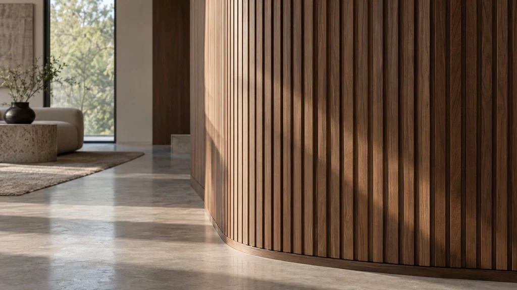 A fluted walnut wall panel with a curved edge in soft side light