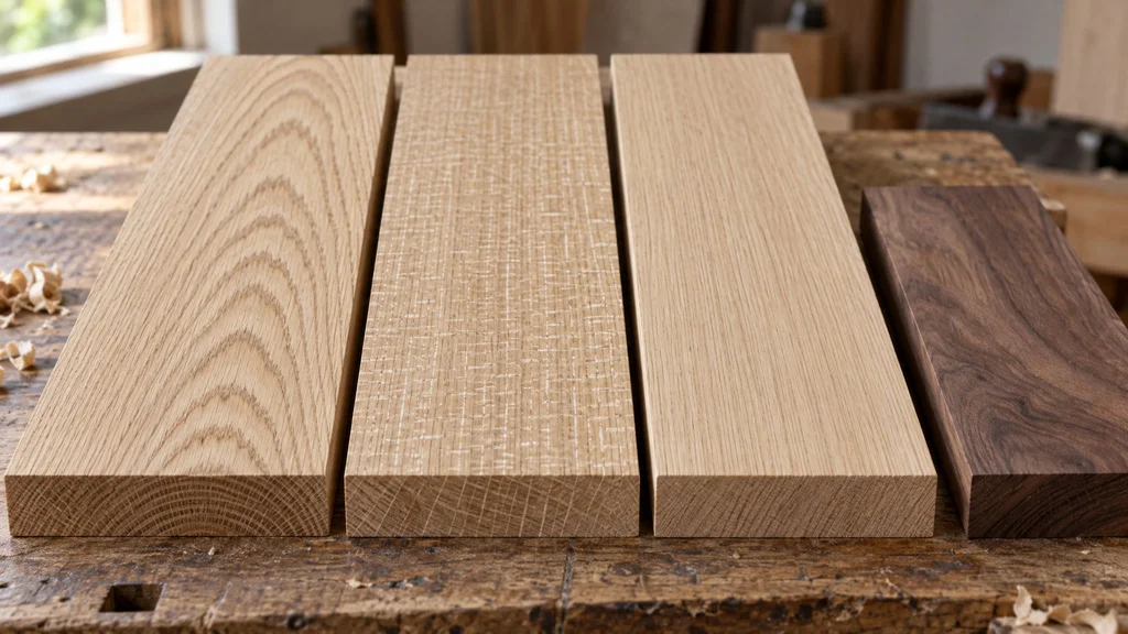 Plainsawn, quartersawn and rift-sawn white oak boards compared side by side on a millwork shop bench, with a walnut offcut