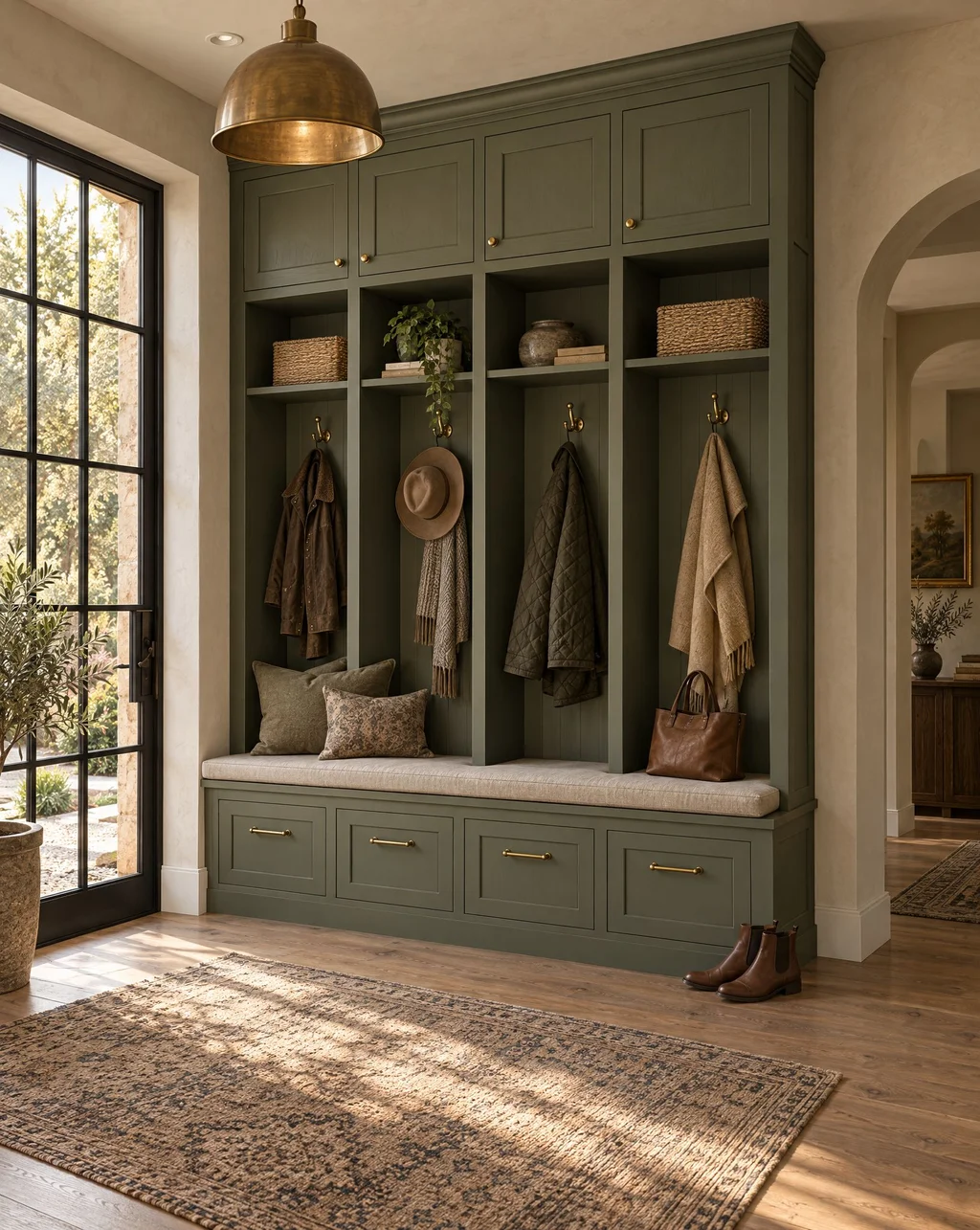Sage-green entryway built-in with bench seating, cubbies and coat hooks