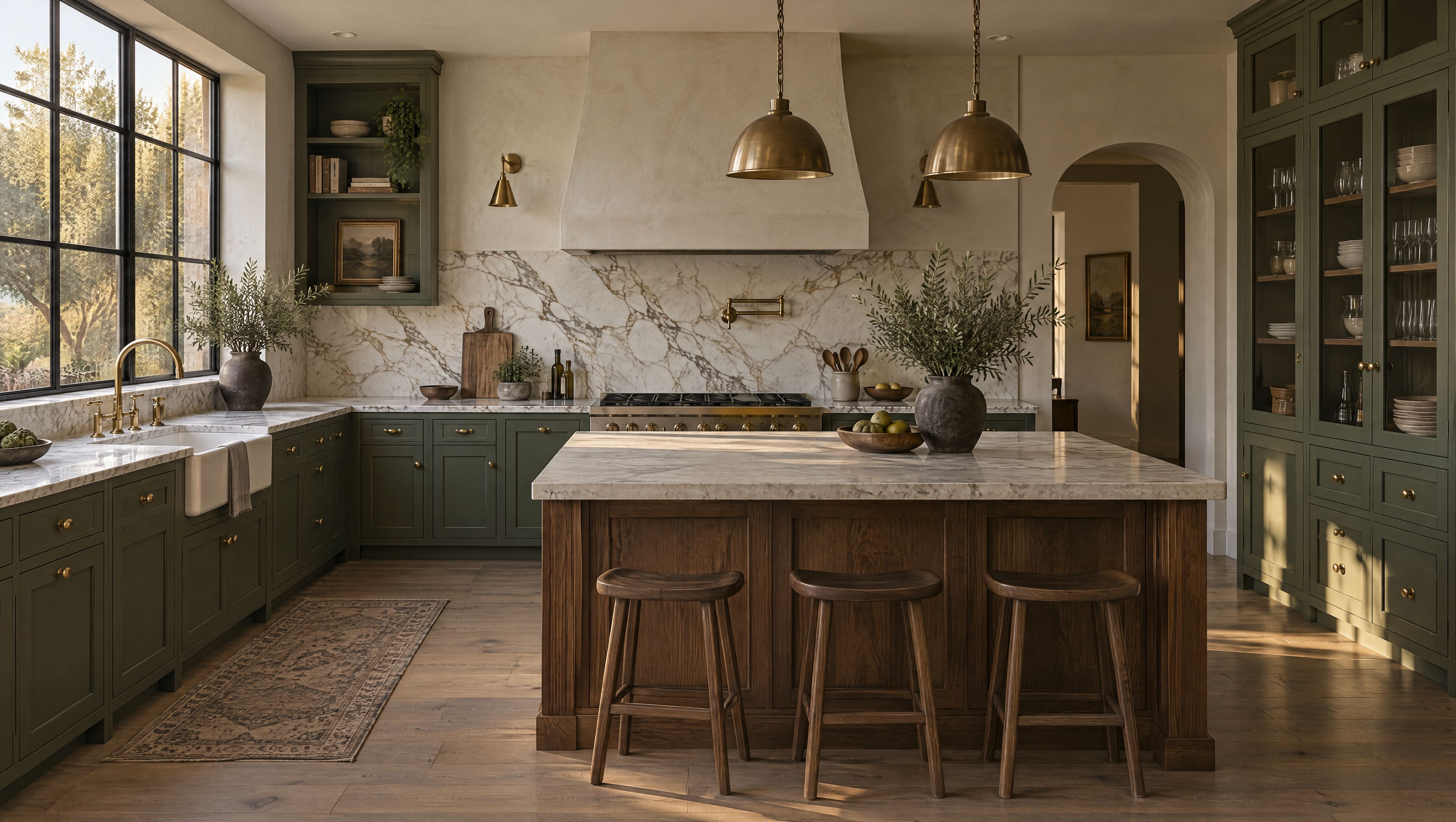 Custom kitchen with sage green painted inset cabinetry, marble counters and a walnut island