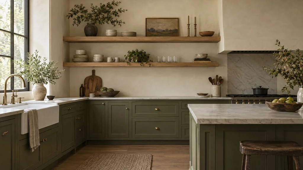 A kitchen with cabinets painted an earthy olive green, a cream plaster wall and natural oak shelves