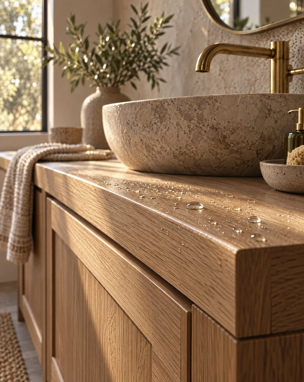 Water beading on the finished edge of a white oak vanity beside a stone basin